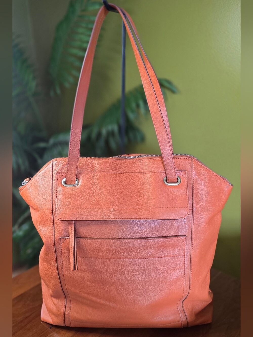 BANANA REPUBLIC Leather Madeline Tote Zippered Bag Large Orange